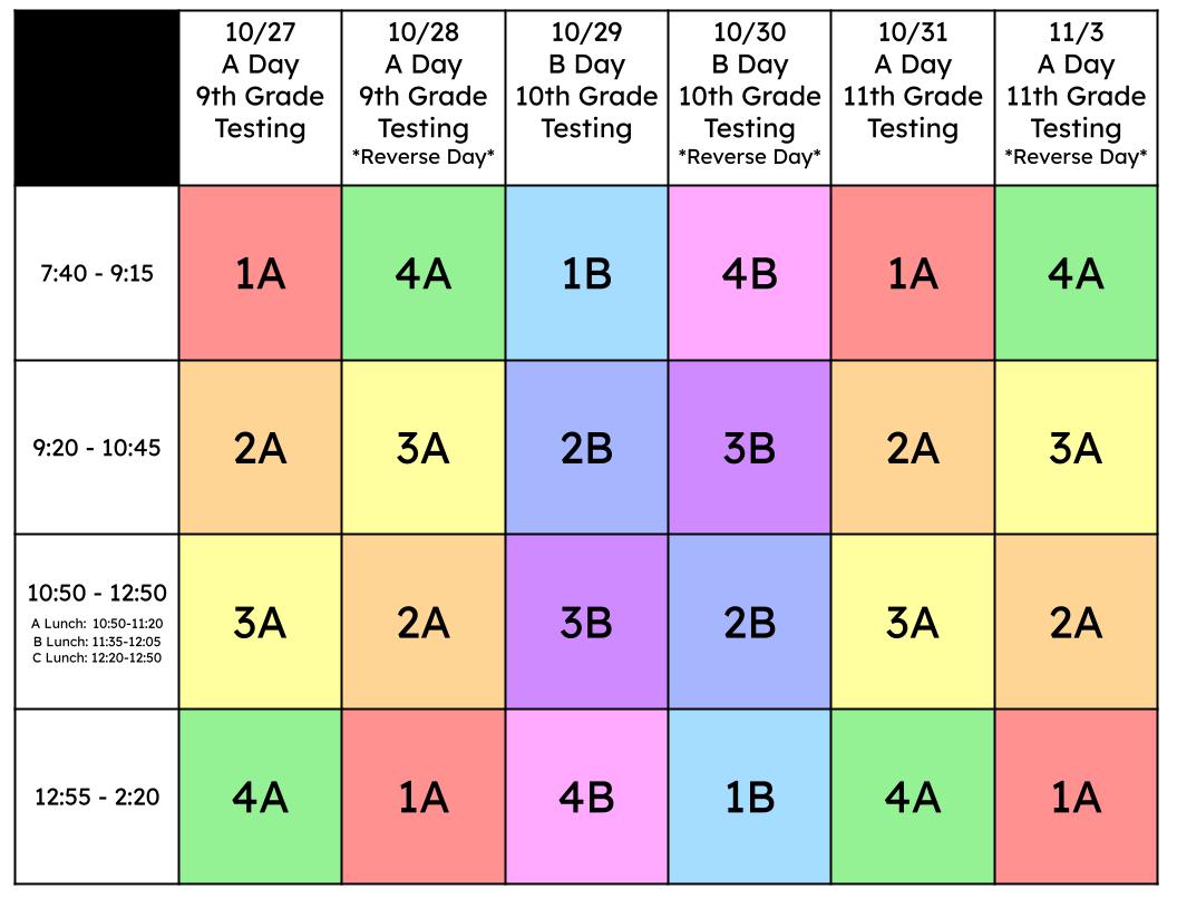 The full testing schedule, designed by Ms. Taylor Payne