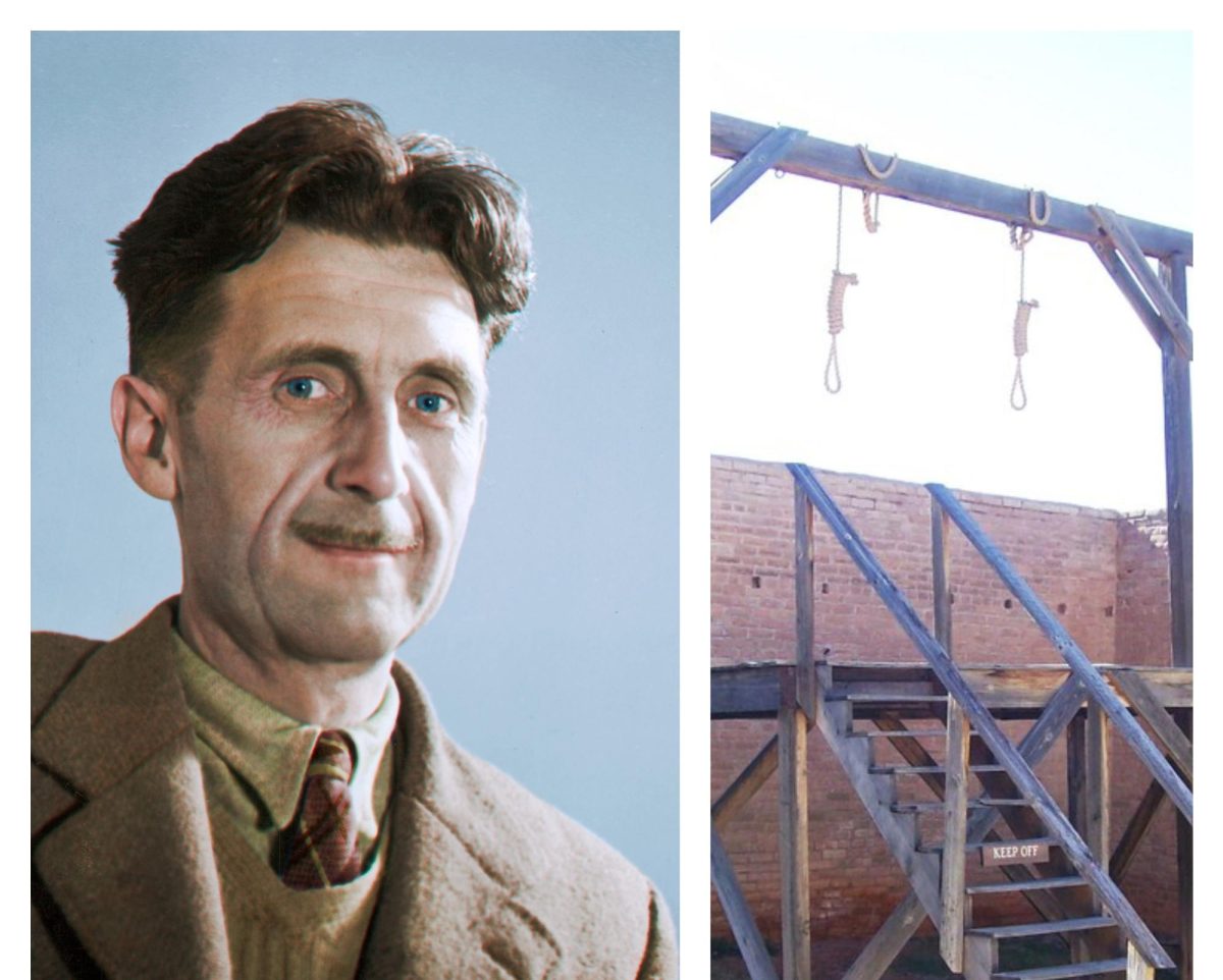 "George Orwell, c. 1940 (41928180381)" by Cassowary Colorizations is licensed under CC BY 2.0.; "Gallows in the back of the courthouse at Tombstone, Arizona - tombstone13x" by mlhradio is licensed under CC BY-NC 2.0.